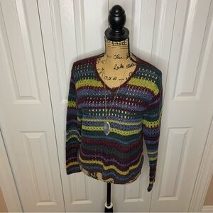 Copper Key V-Neck Crochet Sweater with Multicolor Stripes Size M